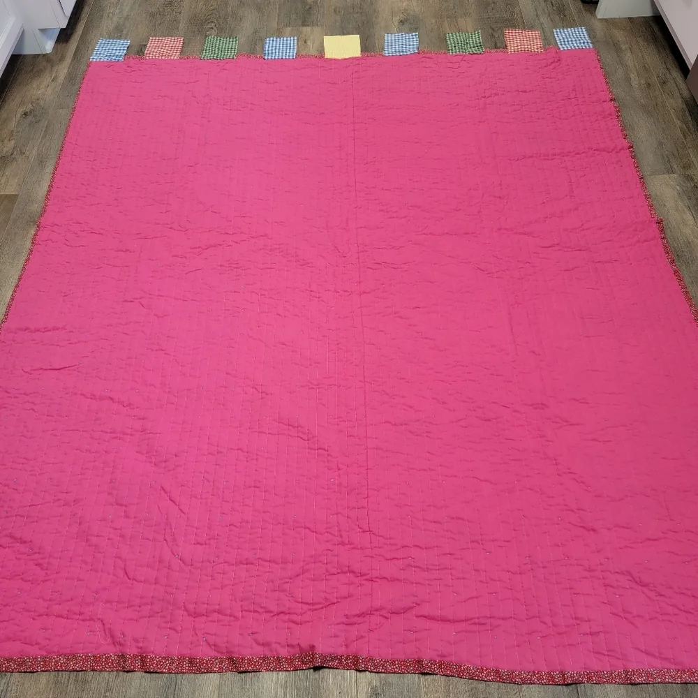 Patchwork Quilt Vintage HandMade Tied Pink Colorful Gingham Hand Applied Binding